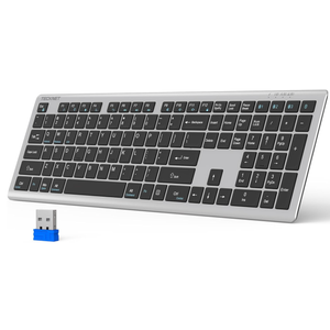 TECKNET Bluetooth Keyboard Rechargeable, 4Device Free Switching (2.4G+BT), UltraSlim Full Size Wireless Keyboard, Quiet Typing, for PC/Laptop/Smart TV/Phone, Adjustable Stand, 12 Multimedia Keys