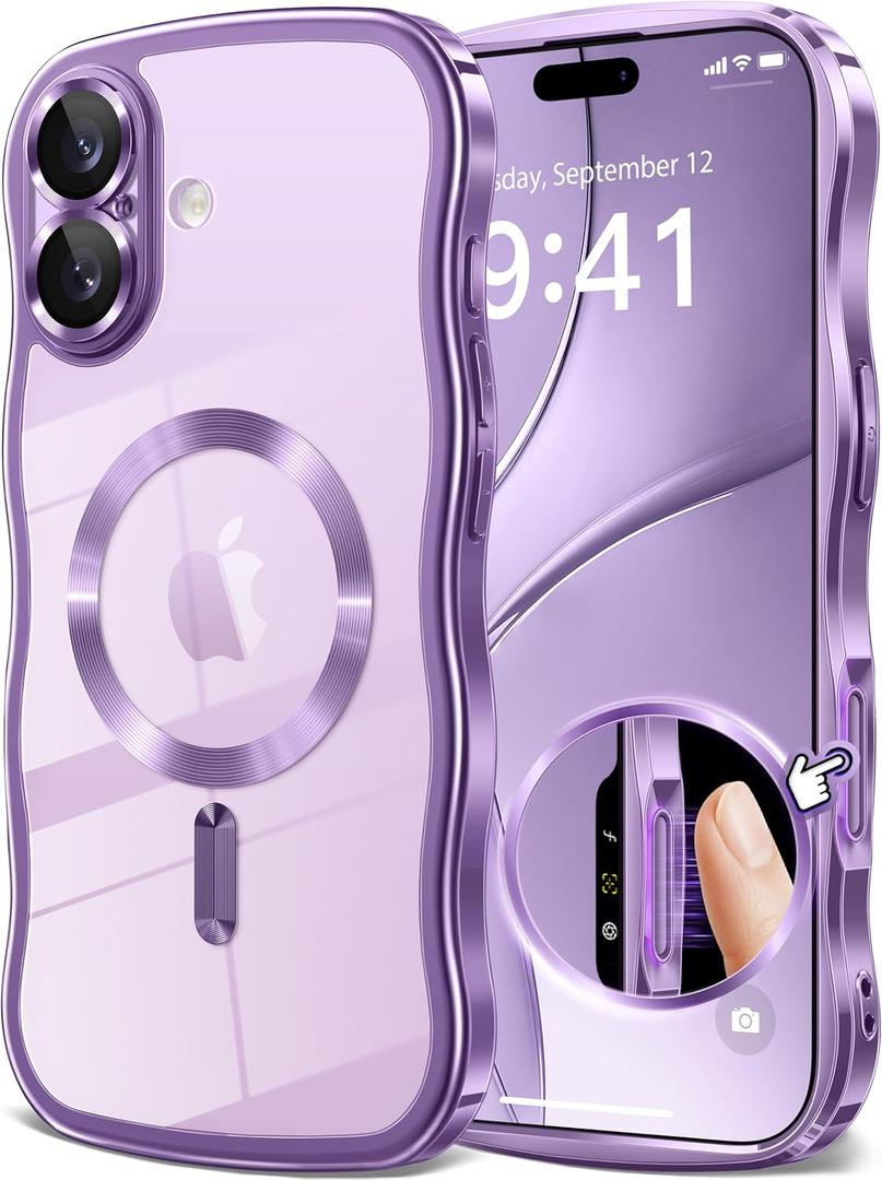 GVIEWIN for iPhone 17 Case [Compatible with MagSafe][Upgraded Full Camera Protection][Cute Wave Frame] Glossy Slim Shockproof Protective Magnetic Phone Case for iPhone 17 6.3'', Clear/Lilac Purple