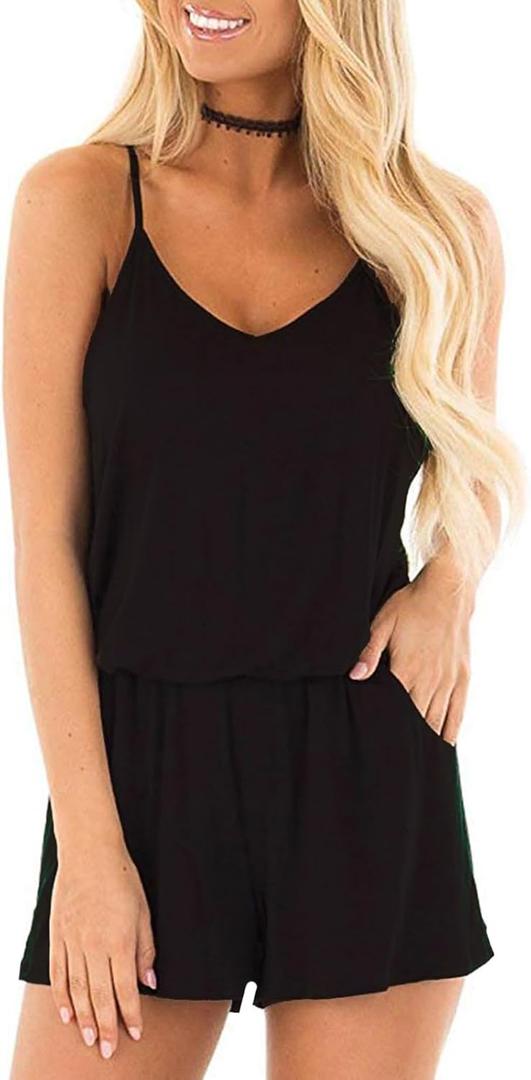 RAISEVERN Womens Romper Summer Casual Short Jumpsuit Adjustable Spaghetti Straps Sleeveless Cami 2025 Rompers with Pockets (Large, Style 14 Black)