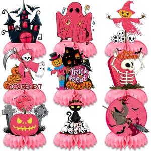Halloween Table Centerpieces Set, Pink Honeycomb Halloween Party Decorations with Ghosts, Pumpkins, Witches & Haunted House, Double-Sided Cardstock Halloween Table Decor for Kids, Home & Classroom