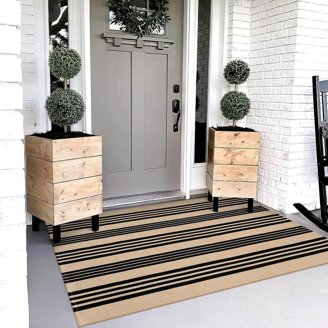 OJIA Outdoor Rug 3'x5', Black and Tan Area Rug Machine Washable Rugs Cotton Hand Woven Entry Rug Indoor Outdoor Striped Carpet for Front Porch/Deck/Backyard/Camping/Outdoor Decor