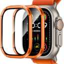 Amizee 2 Pack Metal Case Compatible with Apple Watch Ultra 3/2/1 Screen Protector Case 49mm with Tempered Glass, Metal Frame Built in HD Glass Protective Cover for iWatch 49mm (C-Orange)