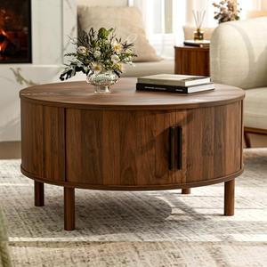 ZttRiee Coffee Table for Living Room, Modern Round Coffee Table with Cabinets & Sliding Doors, Home Small Space, 29.9" Fluted Center Table, Walnut