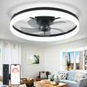 DLLT Bladeless Ceiling Fans with Lights: 24 Inch Modern Flush Mount Low Profile Ceiling Fan with APP Remote Control - Black Enclosed LED Fandelier Dimmable Quiet DC Motor for Bedroom Living Room