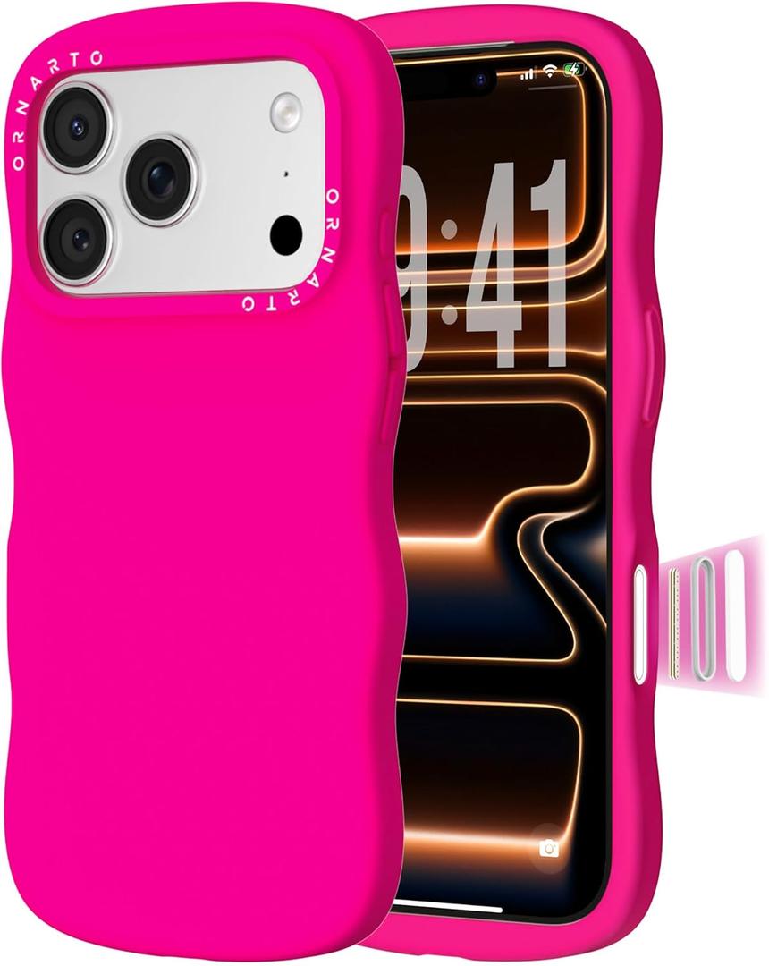 ORNARTO for iPhone 17 Pro Case 6.3", Wavy Liquid Silicone Shockproof Drop Protection Cover with Camera Control Button, Skin-Friendly Microfiber Lining  Hot Pink