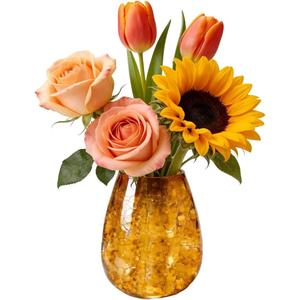 WF Amber Crackle Glass Vase, 8.6 Inch Wide Mouth Decorative Flower Vase for Home Decor, Table Centerpiece, Living Room & Kitchen, Modern Farmhouse Style