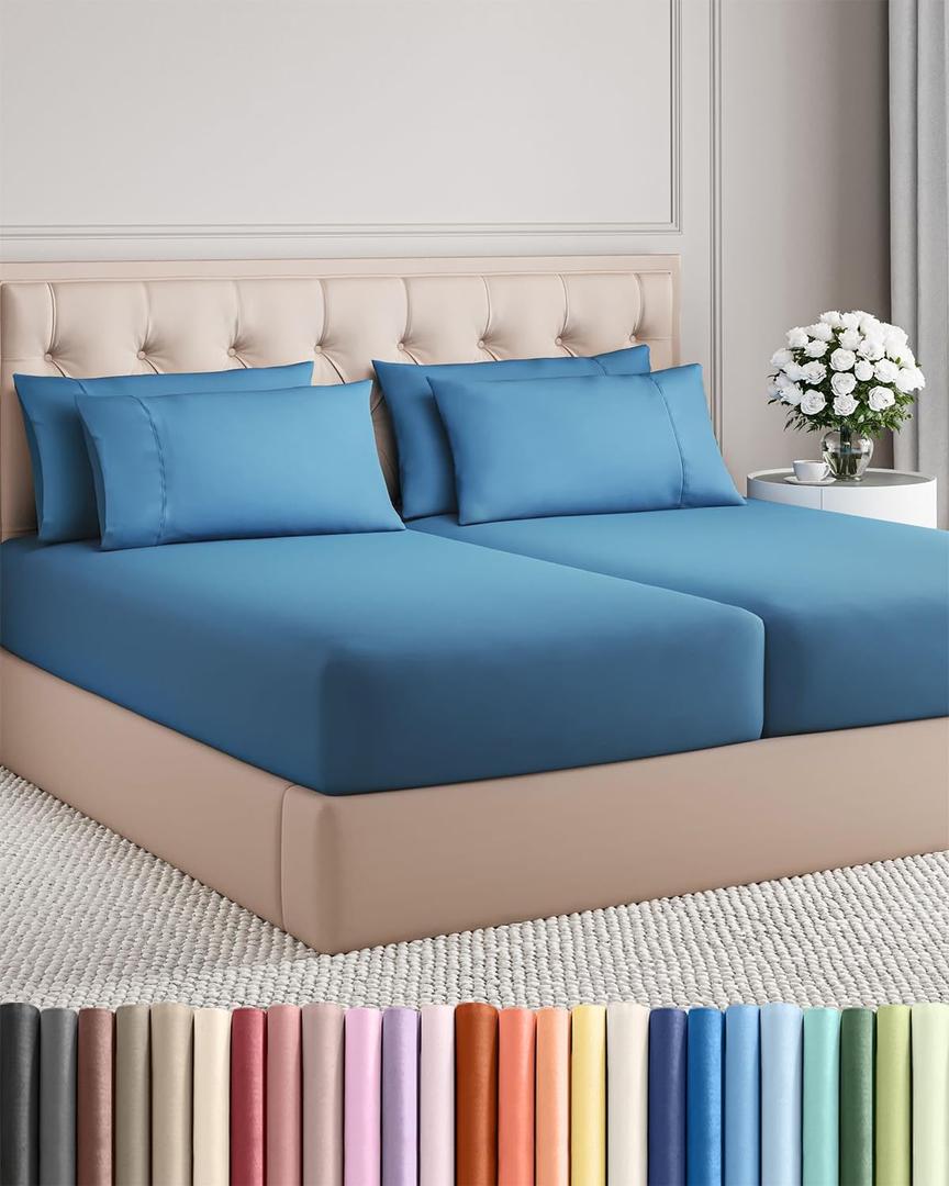 Split King 7 Piece Sheet Set - Comfy Breathable & Cooling - Soft Hotel Luxury Bedding Set with 8-16 Inch Deep Pockets - 1 Flat & 2 Fitted Sheet & 4 Pillowcases - Wrinkle Free & Easy Care - Denim Blue
