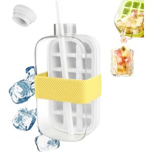 Ice Bottle Cup,2 in 1 Zero Touch Press Ice Cube Mold Water Bottle with Lid and Bin,Easy Ice Release for Freezer, Leakproof, for Coffee and Juice(800ml/28oz) (White)