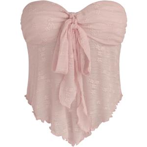CIDER Summer Tube Tops for Women Floral Tie Front Cute Tops Sexy Going Out Tops Trendy Strapless Mesh Flowy Top Casual (Medium, Light Pink)