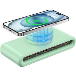 USB C Charging Station with 10W Wireless Charger, 145W USB C Charger Block with with 5FT Extension Cord, 7-in-1 Multi USB Charging Station for Home Office (Green)