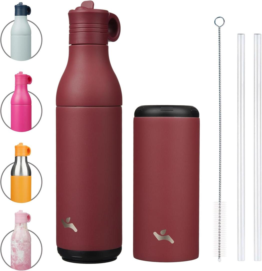 Konokyo 13 oz Stainless Steel Water Bottle with Straw, Insulated, Reusable Metal Travel Bottle with Bottom Removable Cup, BPA Free, Leak Proof, Cinnabar Red