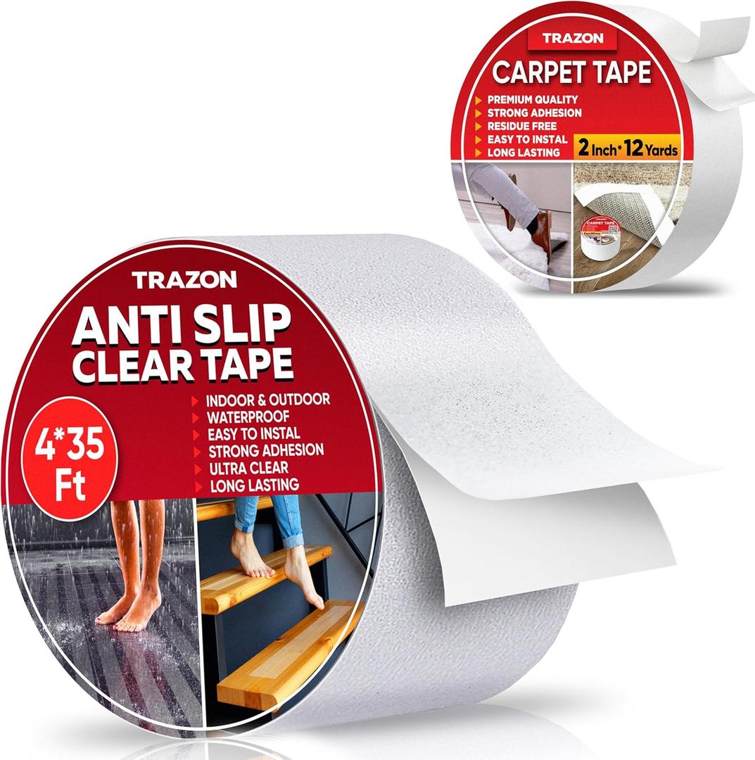 Trazon Grip Tape - Heavy Duty Anti Slip Tape Clear Outdoor/Indoor Carpet Tape Double Sided - Rug Tape Grippers for Hardwood Floors and Area Rugs Trazon Grip Tape - Heavy Duty Anti Slip Tape Clear Outdoor/Indoor Carpet Tape Double Sided - Rug Tape Grippers for Hardwood Floors and Area Rugs