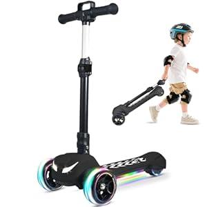 Electric Scooter for Kids Ages 3-12, Full Body Lights Up, Wide Deck, 3 Adjustable Heights, 5MPH Safe Speed, 90min Riding, Foldable 3 Wheel Electric Scooter for Kids Boys Girls Toddler (Pink + Pull Handle)