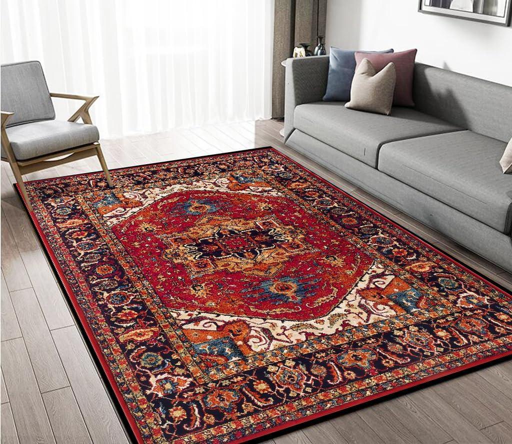 Vintage Floral Area Rug 69 Feet Retro Indoor Throw Rug for Living Room Bedroom, Washable Non-Slip Carpet, Classic Decorative Rug for Home DecorRed