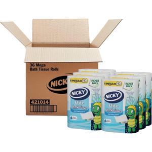 Nicky Elite Toilet Paper with Recyclable Paper Packaging, 36 Ultra Soft Mega Rolls = 144 regular rolls