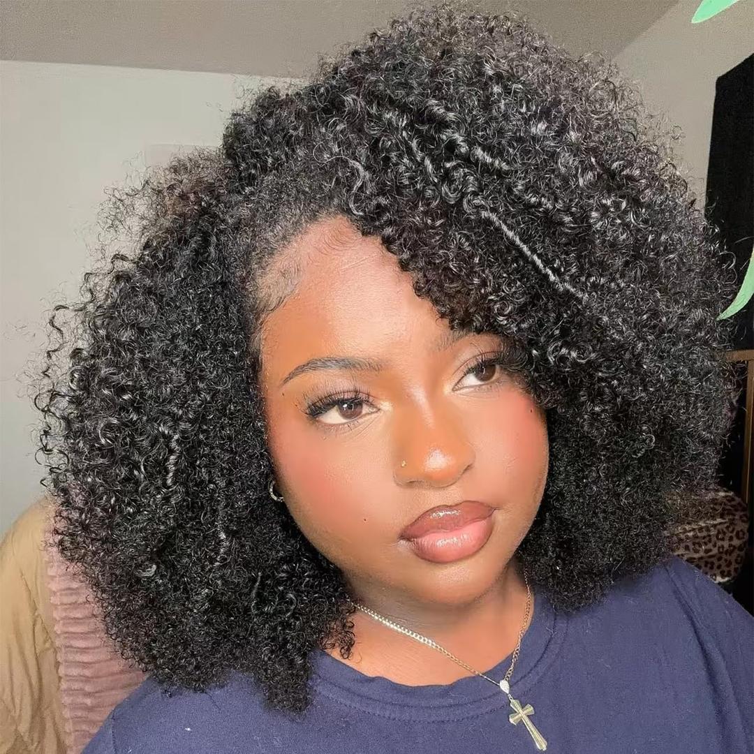 Domiso Afro Kinky Curly 3 In 1 Half Wig with Drawstring Seamless Kinky Curly Flip Over Glueless Wear & Go Elastic Band Clip in Wig Human Hair Black Color Headband Bob Wig 12 Inch