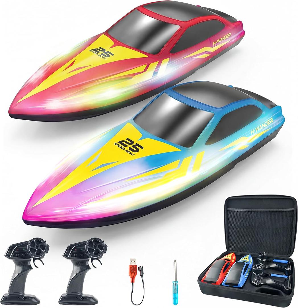 BEZGAR Remote Control Boat - 2 Packs 10 inch RC Boat with 7 LED Lighting Effects & 120 Min Playtime, 15 KPH RC Boats for Pool, Lake Fun for Kids Adults Red&Blue HJ825B