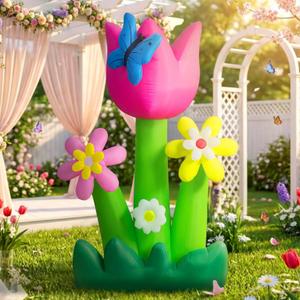 AerWo 6FT Spring Inflatable Outdoor Decoration Tulip Flower and Butterfly, Multi-Colored Flowers Easter Blow Up Yard Decorations, Inflatable Flowers with LED Lights for Spring Easter Summer Lawn Decor