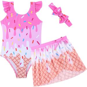 ALISISTER Girls Swimsuit Size 5t Ice Cream Bathing Suit 3 Piece with Cover Up Skirt Summer Beach Headband Swimwear, Size 5t 