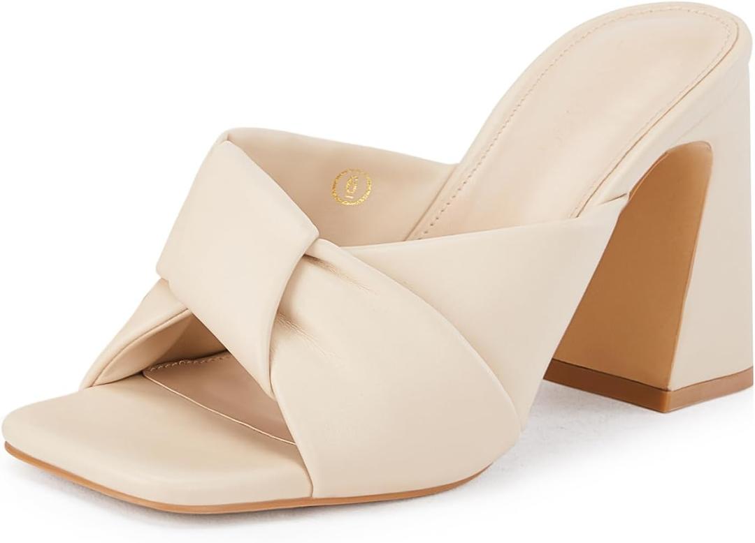 Coutgo Womens Chunky Heeled Mules Puffy Knot Square Open Toe Slip On Sandals Summer Evening Party Prom Shoes 7.5