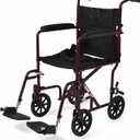 Medline Basic Aluminum Transport Chair with 19" Wide Seat, Full-Length Armrests, Detachable Footrests, 8" Wheels, 300 lb Weight Capacity, Red