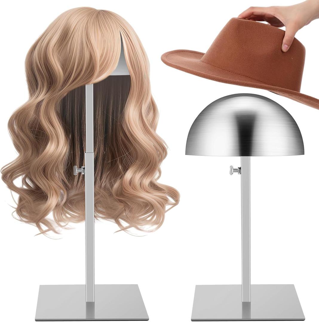 Sintuff 2 Pcs Hat Display Stand 7.9-15.7 Inch Adjustable Hat Holder Sturdy Wigs Head Stand Anti-rust Non-slip Stable Stainless Steel Metal Hat Rack for Multiple Hats Storage Wig(Silver,Square Base)