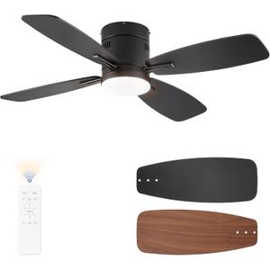 LEDIARY 42 inch Ceiling Fans with Lights and Remote Control,Flush Mount Ceiling Fan with Quiet Reversible DC Motor,Black Modern Low Profile Ceiling Fan with Light for Bedroom Living Room Patio