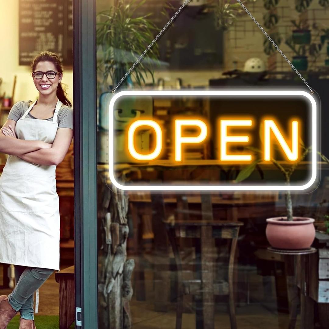 LED Open Sign 23x12 Inch Super Large, 12V Super Bright for Business, Neon Sign for Window Party Wall Shop Salon Club Hotel, (Yellow & White), With ON/OFF Switch & Adapter, Horizontal