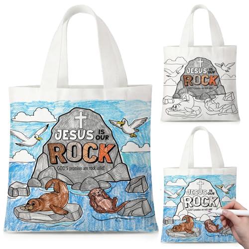 Locmeo 18 Pcs Church Gift Bags Jesus Is Our Rock Color Your Own with Handles Reusable Exchange Gift Tote Rocky Beach Religious Treat DIY Easter Canvas Bag Christian Craft Party Favor for Sunday School