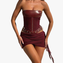Sexy Two Piece Outfits for Women Off the Shoulder Leather Tube Top High Waist Ruched Mini Skirt Set Vacation Outfits, S