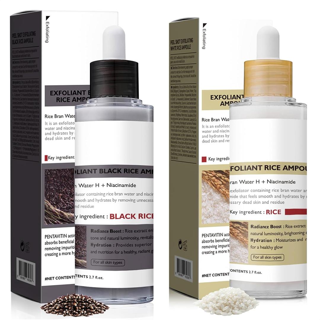 2 PCS Rice Exfoliating Ampoule Set, [2025 Upgrade] Black + White Rice Exfoliant, Peel & Shot Glow Rice Ampoule Duo for Glowing Skin | Gentle Peel + Pore Minimizing & Deep Hydration for All Skin Types