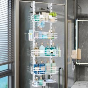 Consumest Over The Door Shower Caddy - 5 Tier Adjustable Shower Organizer Hanging with 2 Toothbrush Holders & 4 Hooks, Rustproof Organizer Shelf, Storage Rack for Bathroom, White