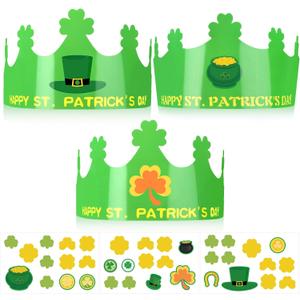 Hooqict St. Patrick's Day Crown Crafts 30 Pack St Patricks Day Hats for Kids Classroom Paper Crowns with Shamrock Green Hat Stickers Party Favors
