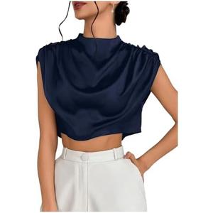 OYOANGLE Women's Elegant Cap Sleeve Satin Top Blouse Ruched Mock Neck Silk Camisole Tops Work Dressy Casual Crop Tops, M