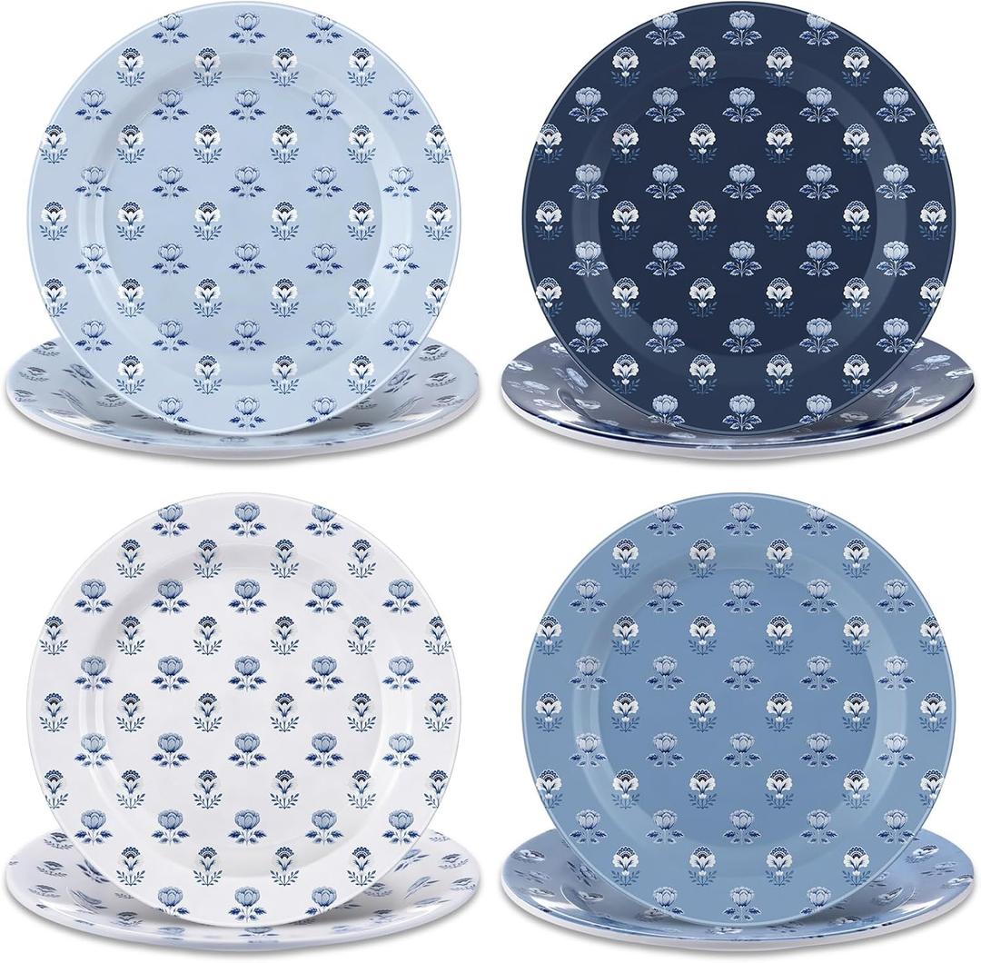 Gandeer 8 Pcs Vintage Floral Print Salad Plates 8 Inch Heavy Duty Plastic Blue Floral Dinner Plate Boho Dishes Assorted Design Spring Dinnerware Set for Party Birthday Bridal Shower