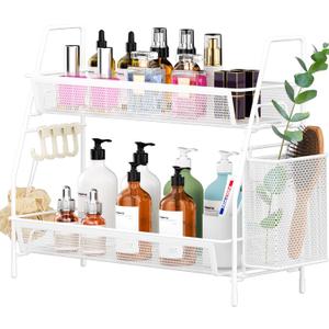 VITVITI 2-Tier Bathroom Organizer Countertop, Metal Wire Mesh Bathroom Counter Organizer Storage with Basket Hooks, Vanity Tray Shelf, Kitchen Spice Rack, White