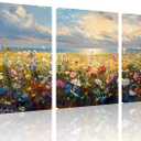 TutuBeer 3 Pcs Wildflower Field Artwork Rustic Wildflower Field at Beach Vintage Wall Art Canvas Prints Wild Flower Wall Art Rustic Style Kitchen Office Farmhouse Bathroom Decor 12x24inchx3