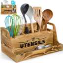 15" Kitchen Utensil Holder with Spice Bottles Tray, Extra Large Wood Countertop Utensil Organizer with Handles, 4 Compartment Cooking Tool Storage Caddy for Home Decor Gift