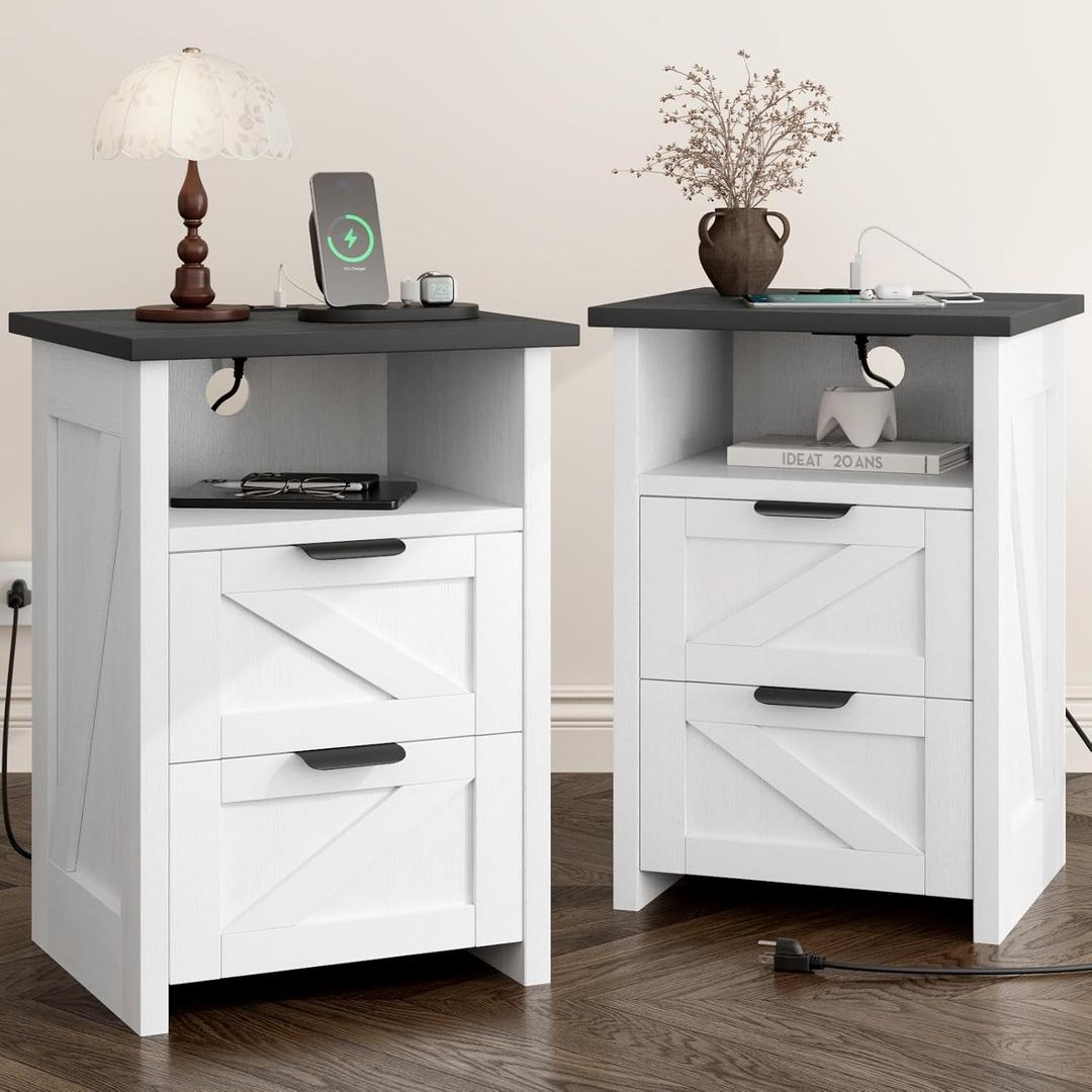 Farmhouse Night Stand Set of 2 with Charging Station, Bedside Table w/2 Drawers & Storage, Rustic End Tables for Bedroom, Living Room, Small Spaces, Home Office, White, 13.4"D x 15.8"W x 23.5"H