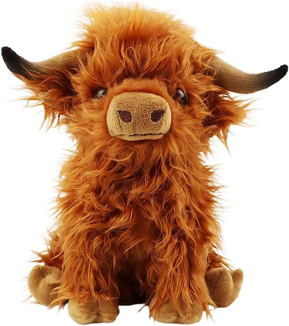 Stuffed Animals Highland Cows Cute Stuff Fluffy Cattle Dolls Skeleton Toys Figure Pillows Birthday Presents for Baby Kids Girls Boys Toddler Preschool Realistic Plush Décor (11 inches, Brown)
