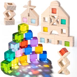 Woodtoe Wooden Rainbow Building Blocks Set for Kids, 22 PCS Wooden Blocks & 25 PCS Gem Cubes Stacking Blocks, Montessori Stacking Toys for Toddlers, Educational STEM Birthday Gifts for Boys Girls 3-6