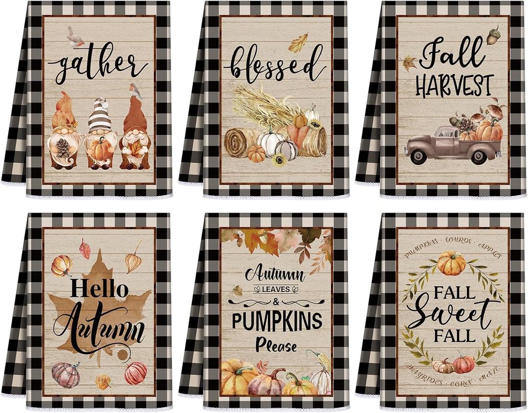Ganeen 6 Pcs Thanksgiving Kitchen Towels Set Fall Autumn Pumpkin Buffalo Plaid Hand Truck Gnome Dishtowels 14.2 x 21.3 Inch Harvest Drying Cloth Decorative Tea Towels for Cooking Baking Home (Stylish)