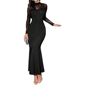 GORGLITTER Women's Lace Fishtail Bodycon Maxi Dress Elegant Classy Fall Long Sleeve Mock Neck Cocktail Patchwork Dress Black X-Large