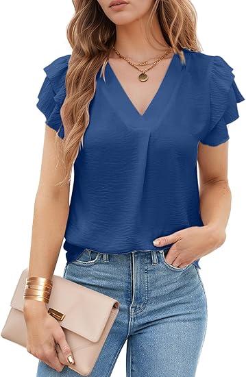 Womens Dressy Tops 2025 Chiffon Shirts Blouses Flying Puffle Short Sleeve V Neck Spring Summer Fall Casual Tops XL