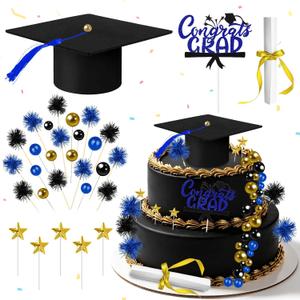32 Pcs Graduation Cake Kit Includes Felt Graduation Cap Topper with Tassel Firework, Beads, Diploma Cake Topper for 2026 Graduate Party (Blue Gold)