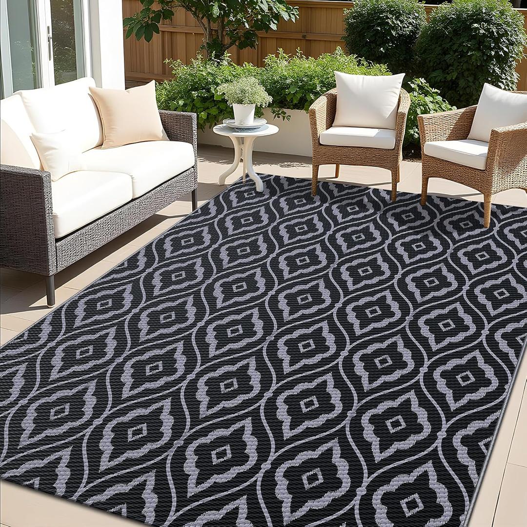 OLANLY Outdoor Rug 8x10 ft Waterproof, Outdoor Plastic Straw Rug with Geometric Pattern Clearance, Reversible RV Mat for Patio, Camping, Balcony, Deck, Backyard, Black & Grey OLANLY Outdoor Rug 8x10 ft Waterproof, Outdoor Plastic Straw Rug with Geometric Pattern Clearance, Reversible RV Mat for Patio, Camping, Balcony, Deck, Backyard, Black & Grey