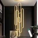 6-Rings Modern Chandelier, LED Gold Large Contemporary Light for Staircase, Dimmable Flush Mount High Ceiling Chandeliers with Remote Control for Villa Foyer, 40in x 7.9in x 138in