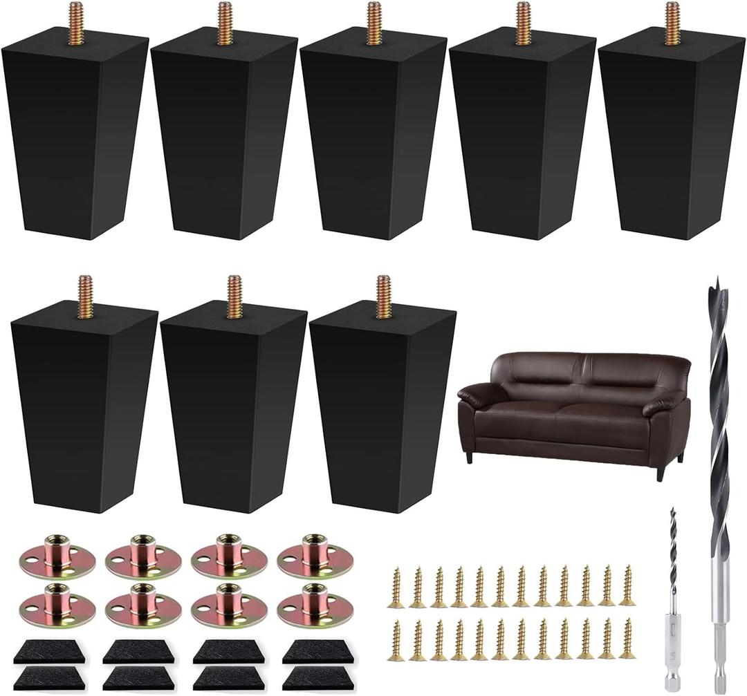 Sofa Legs Square Bed Feet 4 inch Wood Replacement Leg for Furniture Set of 8,Black (4, 8set)