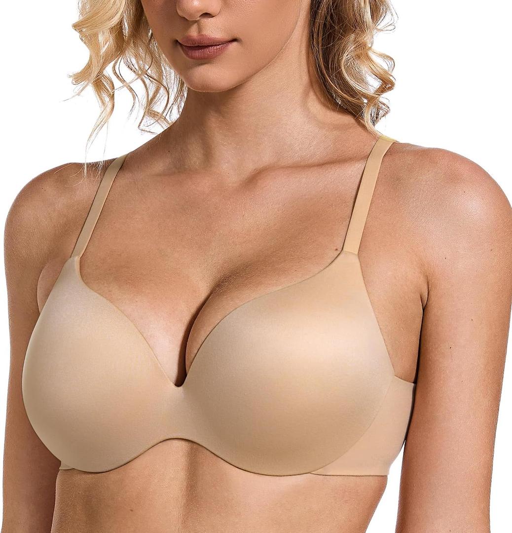 Wingslove Women's Push Up Bra Seamless Deep Plunge T-Shirt Bras Full Figure Padded Comfortable Invisible Underwired Bralettes (32C, Cream Coffee)