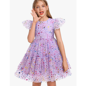 IMEKIS Toddler Kids Girls Confetti Stars Birthday Princess Dress Tulle Boho Cake Smash Photo Shoot Outfit, Size 5Y